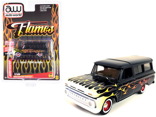 1965 Chevrolet Suburban Custom Matt Black with Flames Limited Edition to 3600 pieces Worldwide 1/64 Diecast Model Car by Autoworld