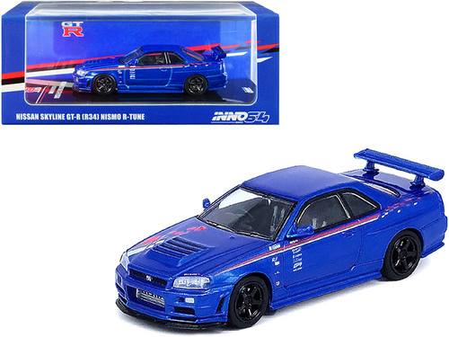 Nissan Skyline GT-R (R34) Nismo R-Tune RHD (Right-Hand Drive) Bayside Blue Metallic with Stripes and Graphics 1/64 Diecast Model Car by Inno Models