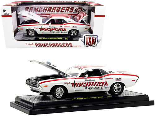 1971 Dodge Challenger R/T HEMI "Ramchargers" Bright White Pearl with Red Stripes and Graphics Limited Edition to 7000 pieces Worldwide 1/24 Diecast Model Car by M2 Machines