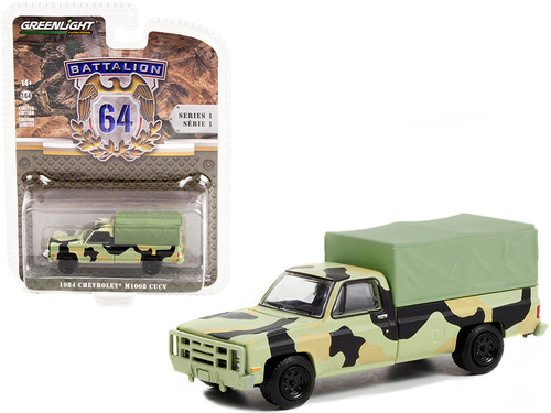 1984 Chevrolet M1008 CUCV Pickup Truck with Cargo Cover Camouflage Green "Battalion 64" Release 1 1/64 Diecast Model Car by Greenlight