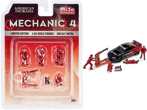 "Mechanic 4" 6 piece Diecast Set (4 Figurines and 2 Accessories) for 1/64 Scale Models by American Diorama