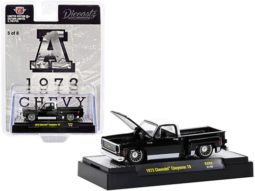 1973 Chevrolet Cheyenne 10 Pickup Truck "A" Black with White Top and Stripes "Diecastz Collectors" "Riverside Show Exclusives" Limited Edition to 5750 pieces Worldwide 1/64 Diecast Model Car by M2 Machines