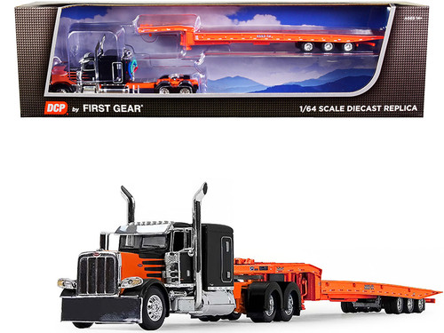 Peterbilt 389 with Sleeper Cab and Talbert 5553TA Tri-Axle Trailer Orange and Black 1/64 Diecast Model by DCP/First Gear