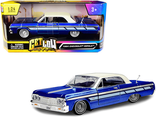 1/24 Motormax 1964 Chevrolet Impala Lowrider Hard Top Candy Blue Metallic with Cream Top "Get Low" Series Diecast Car Model