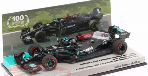 1/43 Minichamps 2021 Lewis Hamilton Mercedes-AMG F1 W12 #44 100th Pole Position Spanish GP Formula 1 Car Model
