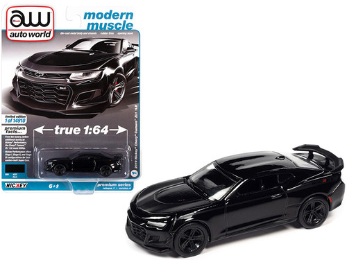 2019 Chevrolet Camaro Nickey ZL1 1LE Black with Matt Black Hood and Stripes "Modern Muscle" Limited Edition to 14910 pieces Worldwide 1/64 Diecast Model Car by Auto World