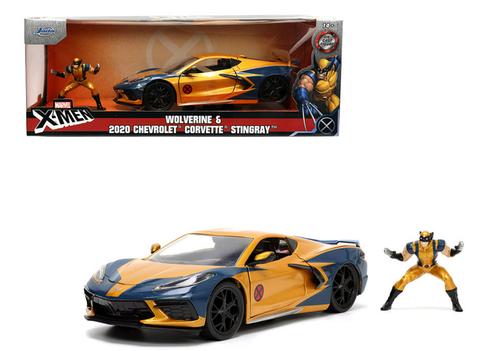 2020 Chevrolet Corvette C8 Stingray Gold Metallic and Dark Blue and Wolverine Diecast Figurine "X-Men" "Marvel" Series "Hollywood Rides" 1/24 Diecast Model Car by Jada