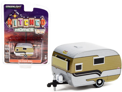 1958 Catolac DeVille Travel Trailer Gold and Aluminum Metallic with Black Stripes "Hitched Homes" Series 11 1/64 Diecast Model by Greenlight