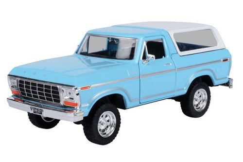 1/24 Motormax 1978 Ford Bronco Custom Light Blue and White Diecast Car Model