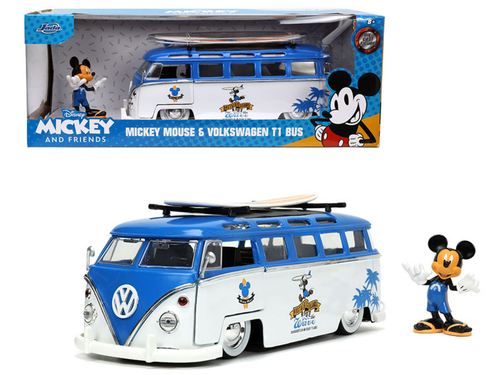 1/24 Jada Volkswagen VW T1 Bus Diecast Car Model with Mickey Mouse Figure 