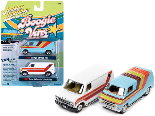 1976 Dodge Street Van Light Blue and 1977 Ford Econoline 150 Free Wheelin' Van White "Boogie Vans" Set of 2 Cars 1/64 Diecast Model Cars by Johnny Lightning