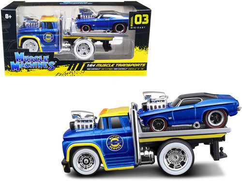 1966 Chevrolet C60 Flatbed Truck Dark Blue Metallic with Yellow Top and 1969 Chevrolet Chevelle SS 396 Dark Blue Metallic with Black Top "Chevrolet Super Service" "Muscle Transports" Series 1/64 Diecast Model Cars by Muscle Machines