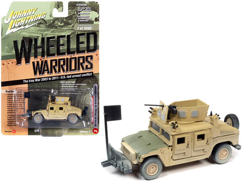 Humvee 4-CT Armored Fastback M1114 HA Heavy Up-Armored HMMWV Tan with Green Hood (Battle Worn) "The Iraq War 2003 to 2011 - U.S. - Led Armed Conflict" "Wheeled Warriors" Limited Edition to 3200 pieces Worldwide 1/64 Diecast Model by Johnny Lightning