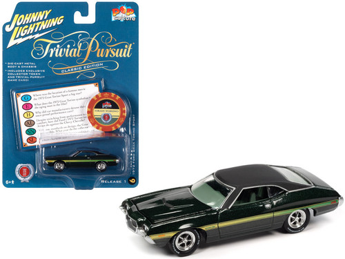 1972 Ford Gran Torino Sport Green Metallic with Matt Black Top and Green Stripes with Poker Chip (Collector Token) and Game Card "Trivial Pursuit" "Pop Culture" 2022 Release 1 1/64 Diecast Model Car by Johnny Lightning