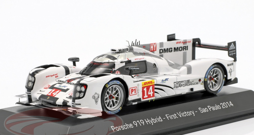 1/43 Dealer Edition 2014 Porsche 919 Hybrid #14 First Victory Sao Paulo Porsche Team Romain Dumas, Neel Jani, Marc Lieb Car Model