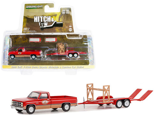 1982 GMC K-2500 Sierra Grande Wideside Pickup Truck Red and Beige with Black Stripes "Busted Knuckle Garage" and Tandem Car Trailer "Hitch & Tow" Series 25 1/64 Diecast Model Car by Greenlight