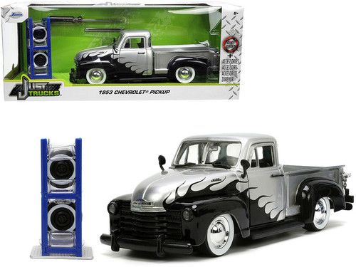 1/24 Jada 1953 Chevrolet 3100 Pickup Truck (Silver Metallic with Black Flames with Extra Wheels" "Just Trucks" Series Diecast Car Model