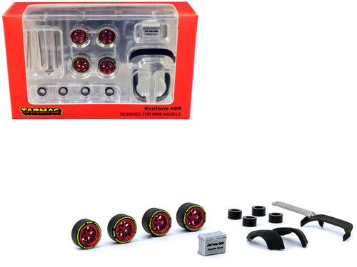 1/64 Tarmac Works Rotiform HUR Chrome Red Wheels for RWB Models