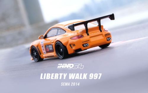 997 LBWK Liberty Walk Orange with Matt Black Hood and Graphics SEMA (2014) 1/64 Diecast Model Car by Inno Models