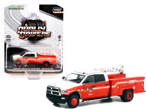2018 Dodge Ram 3500 Dually Crane Truck Red and White with Stripes "FDNY (Fire Department of the City of New York) Plant Ops" "Dually Drivers" Series 10 1/64 Diecast Model Car by Greenlight
