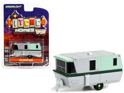 1962 Holiday House Travel Trailer Silver and Mint Green with Dark Green Stripes "Hitched Homes" Series 12 1/64 Diecast Model by Greenlight