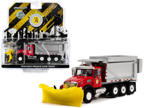 2019 Mack Granite Dump Truck with Snow Plow & Salt Spreader Red and Silver Metallic "Arlington Heights Illinois Public Works" "Hobby Exclusive" 1/64 Diecast Model by Greenlight