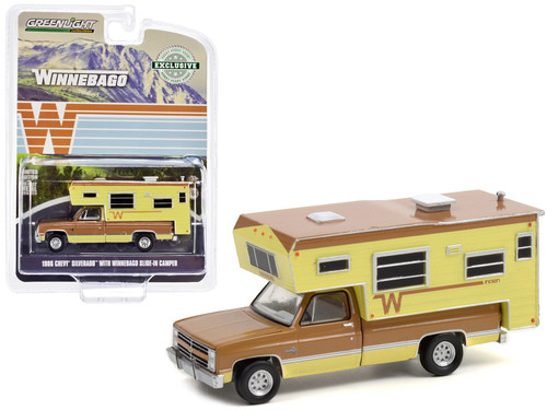 1986 Chevrolet Silverado "Camper Special" with Winnebago Slide-In Camper Copper Canyon and Doeskin Tan "Hobby Exclusive" 1/64 Diecast Model Car by Greenlight