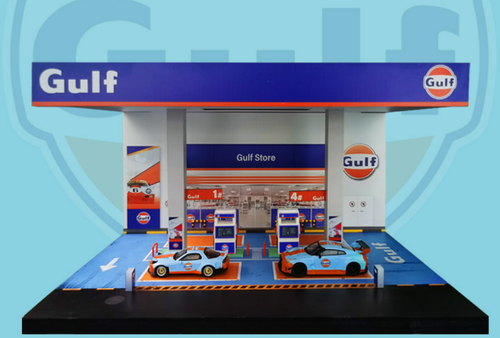 1/64 MoreArt Gulf Gas Station Diorama Scene with Lights (car models & figures NOT included)