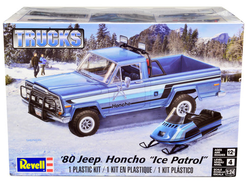 Level 4 Model Kit 1980 Jeep Honcho Pickup Truck "Ice Patrol" with Snowmobile 1/24 Scale Model by Revell