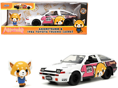 1/24 Jada 1986 Toyota Trueno (AE86) RHD (Right Hand Drive) #25 White with Graphics and Aggretsuko Diecast Figure "Aggretsuko" "Anime Hollywood Rides" Series Diecast Car Model