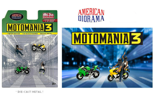 1/64 American Diorama Moto Mania 3 Figure & Bike Set