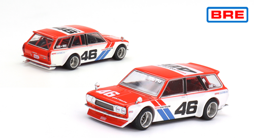 Datsun 510 Wagon RHD (Right Hand Drive) #46 "BRE V1" Red and White with Blue Stripes (Designed by Jun Imai) "Kaido House" Special 1/64 Diecast Model Car by True Scale Miniatures