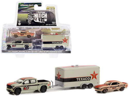 2021 Chevrolet Silverado Pickup Truck #18 and 1969 Chevrolet Camaro RS #18 (race worn) and Enclosed Car Hauler "Texaco - 2021 OPTIMA Ultimate Street Car National Champion" "Racing Hitch & Tow" Series 4 1/64 Diecast Model Cars by Greenlight