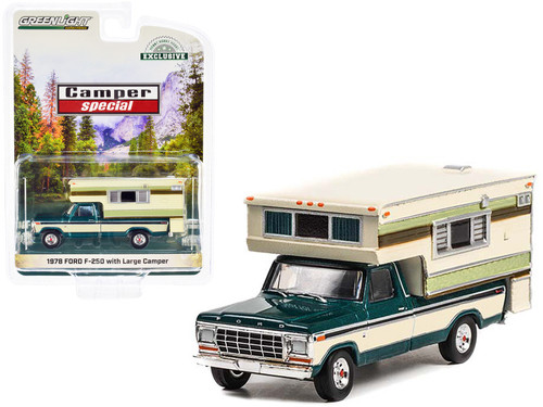 1978 Ford F-250 Pickup Truck with Large Camper Dark Jade Metallic and Wimbledon White "Camper Special" "Hobby Exclusive" 1/64 Diecast Model Car by Greenlight