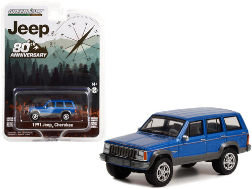 1991 Jeep Cherokee Blue Metallic with Red Stripes "Jeep 80th Anniversary Edition" "Anniversary Collection" Series 14 1/64 Diecast Model Car by Greenlight