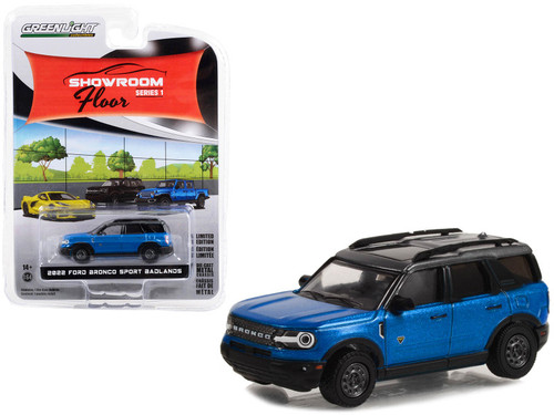2022 Ford Bronco Sport Badlands Velocity Blue Metallic with Gray Top and Roof Rack "Showroom Floor" Series 1 1/64 Diecast Model Car by Greenlight