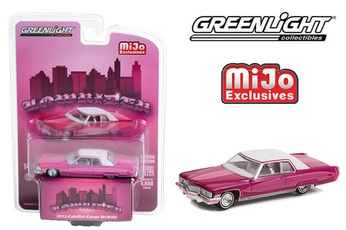1/64 Greenlight Lowrider 1973 Cadillac Coupe Deville Pink With White Top Diecast Car Model