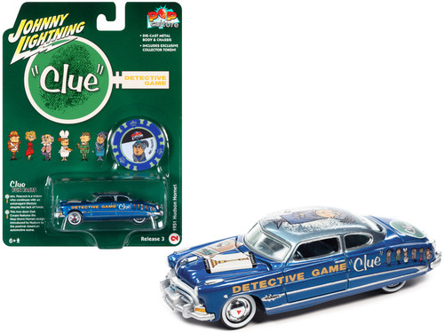 1951 Hudson Hornet Blue Metallic "Vintage Clue Mrs. Peacock" with Poker Chip Collector's Token "Pop Culture" 2022 Release 3 1/64 Diecast Model Car by Johnny Lightning