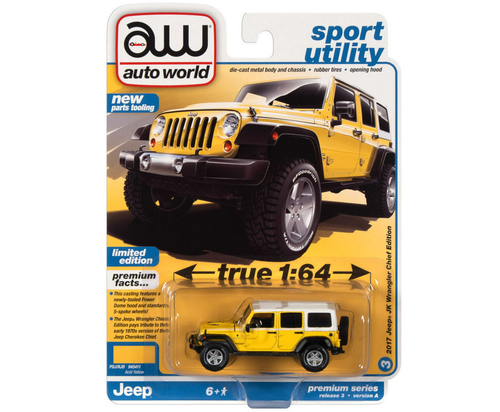 1/64 Auto World 2017 Jeep JK Wrangler Chief Edition (Yellow with White Top) Diecast Car Model