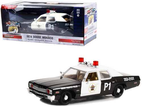 1974 Dodge Monaco Police Black and White "Mount Prospect Police Department: Mount Prospect Illinois" "Hot Pursuit" Series 1/24 Diecast Model Car by Greenlight