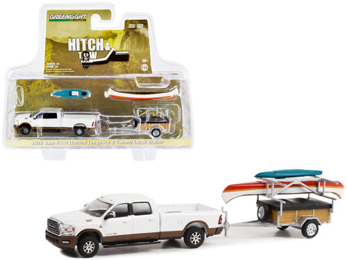 2022 Dodge Ram 2500 Limited Longhorn Pickup Truck Bright White and Walnut Brown and Canoe Trailer with Canoe Rack Canoe and Kayak "Hitch & Tow" Series 26 1/64 Diecast Model Car by Greenlight