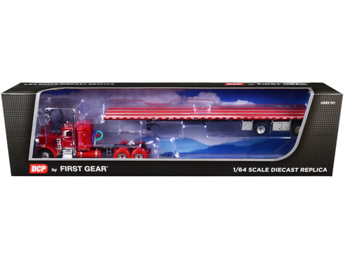 Peterbilt 359 36" Flat Top Sleeper and Wilson Roadbrute Spread-Axle Flatbed Trailer Red 1/64 Diecast Model by DCP/First Gear