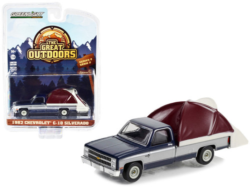 1982 Chevrolet C-10 Silverado Pickup Truck Blue and Silver with Modern Truck Bed Tent "The Great Outdoors" Series 2 1/64 Diecast Model Car by Greenlight