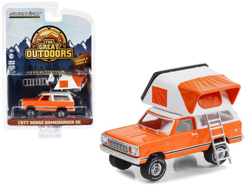 1977 Dodge Ram charger SE Orange with White Top with Modern Rooftop Tent "The Great Outdoors" Series 2 1/64 Diecast Model Car by Greenlight