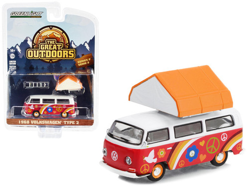 1968 Volkswagen Type 2 Red and White with Graphics "Peace and Love" with Camp'otel Cartop Sleeper Tent "The Great Outdoors" Series 2 1/64 Diecast Model Car by Greenlight