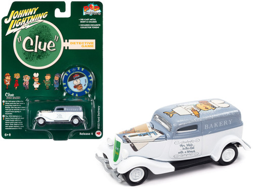 1/64 Johnny Lightning 1933 Ford Delivery Van White with Gray Top (Mrs. White) with Poker Chip Collector's Token "Vintage Clue" Diecast Car Model