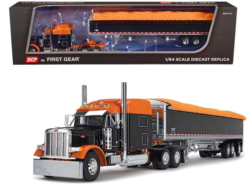 Peterbilt 379 with 70" Mid-Roof Sleeper and Wilson Pacesetter 50' Tri-Axle Grain Trailer Black and Orange 1/64 Diecast Model by DCP/First Gear