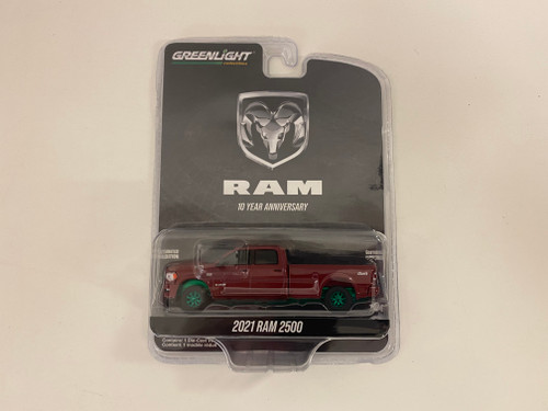 CHASE CAR 2021 RAM 2500 Pickup Truck Dark Red Metallic with Green Wheels "RAM 10 Year Anniversary" "Anniversary Collection" Series 14 1/64 Diecast Model Car by Greenlight
