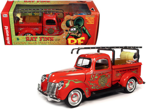 1/18 Auto World "Rat Fink" Fire Engine Truck Red with Graphics and Rat Fink Firefighter Resin Figure Diecast Car Model