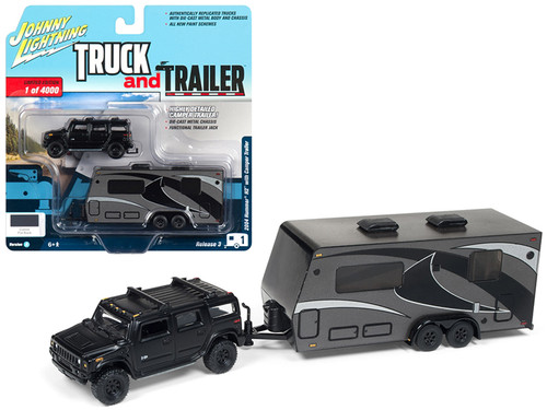 1/64 Johnny Lightning 2004 Hummer H2 Black with Gunmetal Camper Trailer Limited Edition to 4000 pieces Worldwide "Truck and Trailer" Series 3 Diecast Car Model